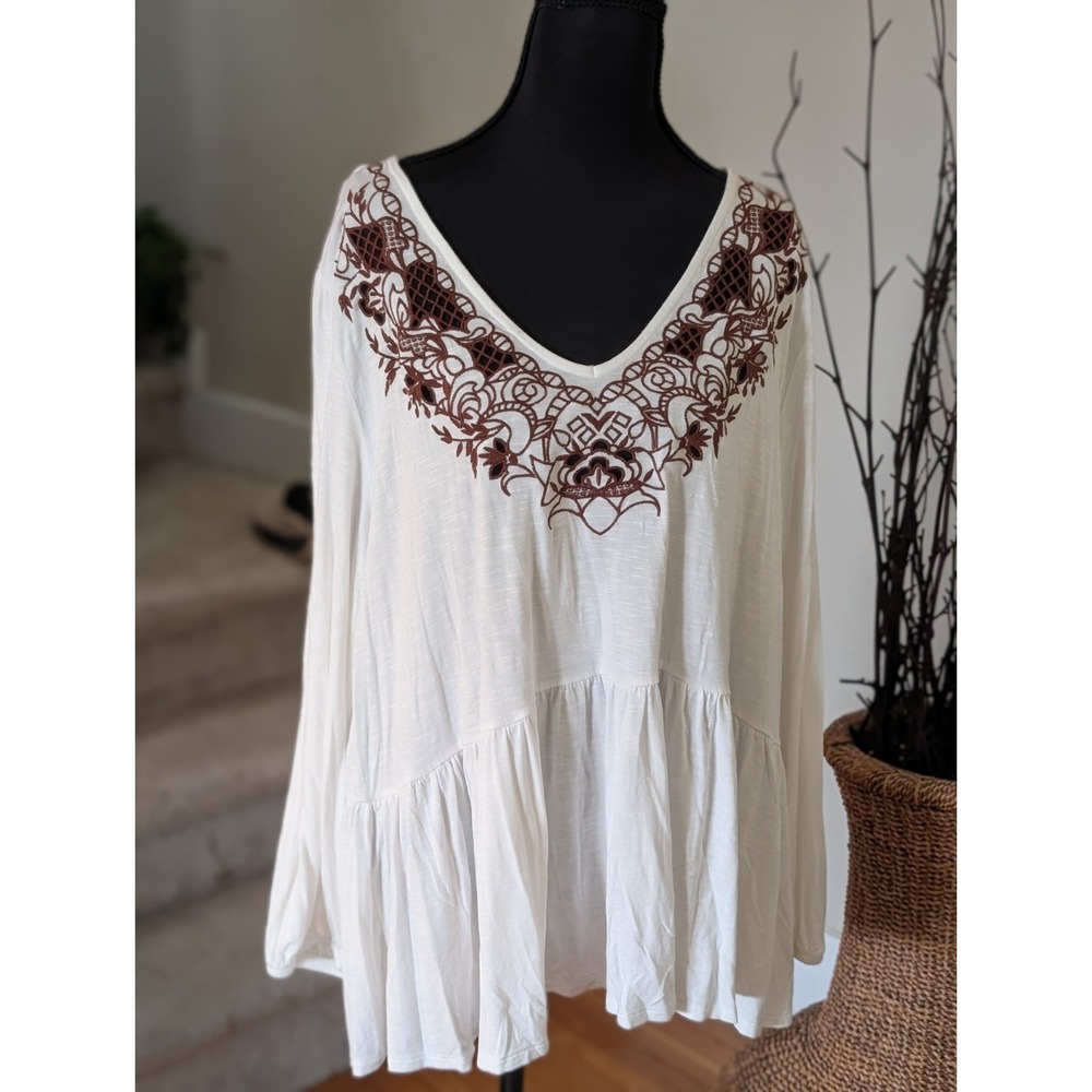 Emily Daniels Plus Size 3X Cream Embroidered Boho Tiered Babydoll Top Hippie